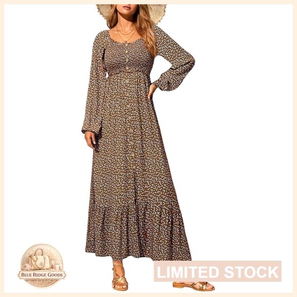 Dresses & Skirts - Boho Floral Maxi Dress Smocked Empire Waist Square Neck Long Sleeve Button Beach